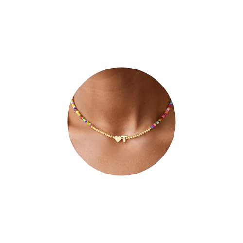 M MOOHAM Easter Basket Stuffers for Girls Women, Heart Initial Necklaces for Girls Women Gifts - Colorful Beaded Tiny Heart Initial Necklace Choker Letter Necklace Jewelry for Teens Girl Easter Gifts