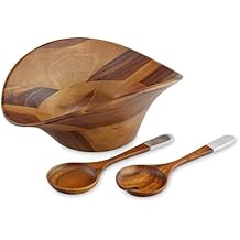 nambe Ripple Wooden Salad Bowl 3 Piece Set | 15.5 -Inch Large Salad Bowl with Serving Utensils | Acacia Wood و Nambe Alloy Salad Servers and Fruit Bowl | هدية منزلية | صممه Alvaro Uribe
