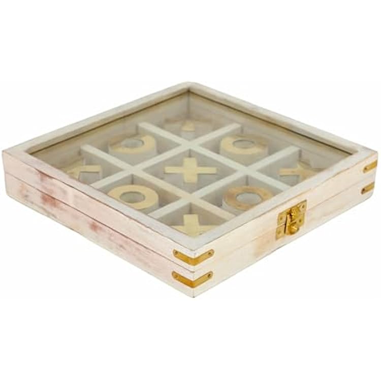 Wood Tic Tac Toe Table Decor Game and Decorative Object, for Coffee Table or Shelf Display, Minimalist Tabletop Home Decor Accent for Modern Spaces 8x 8x 2, White & Gold