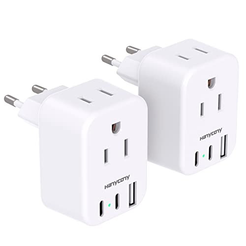 محول قابس السفر الأوروبي الدولي، HANYCONY إيطاليا إسبانيا محول الطاقة 2 منافذ 2 منافذ USB C، محول النوع C أساسيات الرحلات البحرية للسفر للولايات المتحدة إلى معظم أوروبا فرنسا ألمانيا الاتحاد الأوروبي، 2 حزمة