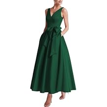 Satin Tea Length Mother of Bride Dresses for Women V-Neck A-Line Wedding Guest Dress Formal Evening Party Gown with Bow