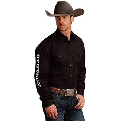 Stetson Mens Solid Logo Long Sleeve Western Shirt Black XX-Large