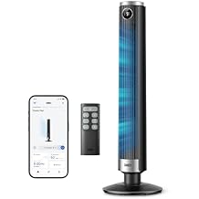 DREO Smart Tower Fan for Bedroom, 40-45 Adjustable Height, 28 ft/s Velocity, DC Motor, 9 Speeds, 4 Modes, 90Oscillating, Standing Fan, 20dB Quiet, 12H Timer for Home, Office, Google/Alexa, Black