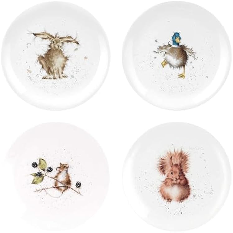Portmeirion Royal Worcester Wrendale Designs Fine Bone China Coupe Plate، مجموعة من الأطباق مقاس 2-8 بوصة بتصميمات حيوانية متنوعة - أرنب، بطة، هامستر، سنجاب - أدوات مائدة عيد الميلاد لتناول طعام مريح