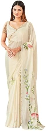 Indian Made Women's Polyester Chiffon Floral Hand Printed Cut Work Designer Saree Off White - 6119, Multicolor, One Size