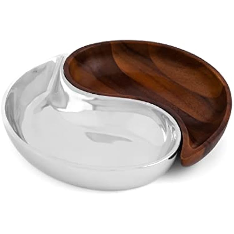 Nambe Yin Yang Divided Server Acacia Wood & Nambe Alloy Snack & Serving Dish, 12 x 6 x 2, Artistic Split Bowl for Appetizers, Nuts, Olives & Dips Modern Entertaining, Party & Tableware Accent