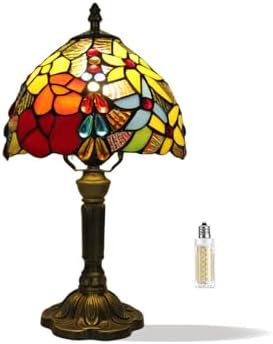 Vintage Tiffany Table Lamp Red Yellow Rose Stone Drop Decor 8 Shade Small Retro 14.6 Tall Bedroom Nightstand Bedside Desk Light Flower Pattern