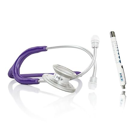 سماعة طبية من الفولاذ المقاوم للصدأ MD One من MDF Instruments، للبالغين، أنبوب أرجواني، قلم ضوئي LUMiNiX Medical Professional