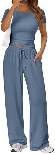 Trendy Queen 2 Piece Matching Summer Lounge Set Womens Side Ruching Top Wide Leg Pants Sets with Pockets