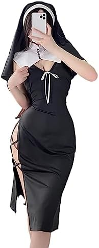 Women Sexy Nun Cosplay Costume Outfit Roleplay Anime Halloween Party Adult Costumes (Nun Slit Dress)