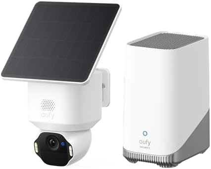كاميرا eufy SoloCam E42 مع HomeBase S380، كاميرا أمان لاسلكية بدقة 4K للاستخدام الخارجي، تعمل بالطاقة الشمسية، تتبع الحركة بالذكاء الاصطناعي، ضوء ستروب، تحريك وإمالة، التعرف على الوجه، حتى 16 تيرابايت، متوافقة مع المنزل الذكي
