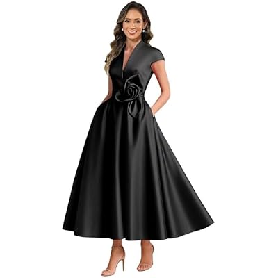 Tea Length Satin Mother of The Bride Dresses for Women A Line V Neck Cap Sleeves Formal Evening Dress