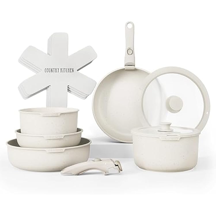 Country Kitchen Cookware Set with Removable Handle, Oven & RV Safe Pots and Pans Set, Grey/Black, Original