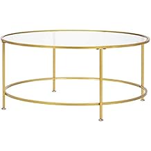 36" Round Coffee Table, 5mm Thick Tempered Glass Counter-top Round Wrought Iron Table, Glass Coffee Tables for Living Room (Gold)