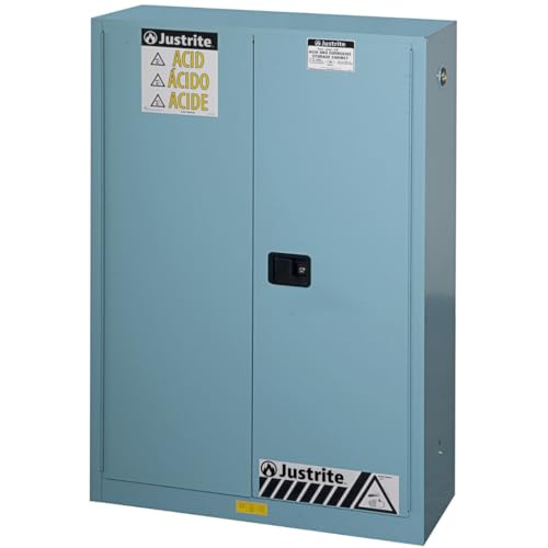 Justrite Acid Corrosive Storage Cabinet - 45 Gallon 2 Door Manual Close Chemical Storage Cabinet with Removable Polyethelene Trays - 18 x 65 x 43 - Made in The USA - Light Blue - 894502