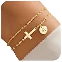 M MOOHAM Layered Initial Cross Bracelets for Women Teen Girls - 14K-Gold-Plated Disc Letter A-Z Cross Bracelet Jewelry Christian Gifts for Women Baptism Confirmation Gift for Teen Girls