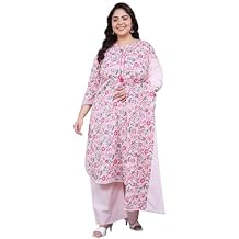 Tissu Women's Plus Size Pink Floral Printed Pure Cotton Kurta & Palazzo With Dupatta