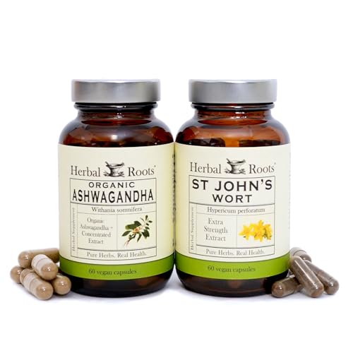 Herbal Roots Mood Duo، مكمل عضوي من نبتة سانت جونز وأشواغاندا، دعم طبيعي للمزاج، خالٍ من الكائنات المعدلة وراثيًا