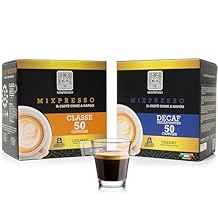 كبسولات نسبرسو (متوافقة) - قهوة من إيطاليا - بواسطة Mixpresso (50 كبسولة ، Classe: Medium) حزمة مع كبسولات قهوة منزوعة الكافيين كبسولات قهوة واحدة 100٪ من إيطاليا ، Dark Roast 80٪ Arabi