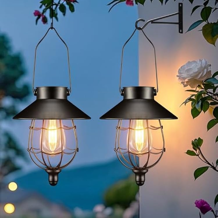 Solar Lanterns Outdoor Hanging Metal Vintage Lantern Warm White Solar Lights lamp Waterproof Edison Bulb Design for Pathway Garden Patio Yard Tree Decoration 2 Pack Black
