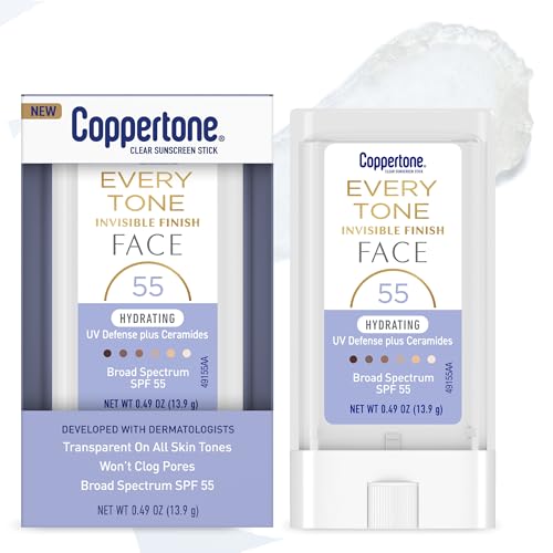 Coppertone كل لهجة غير مرئية إنهاء ترطيب الأشعة فوق البنفسجية الدفاع الوجه واقية من الشمس عصا SPF 55 مع سيراميدات مرطبة، يمزج في واقية من الشمس واضحة لجميع ألوان البشرة، 0.49 Oz عصا