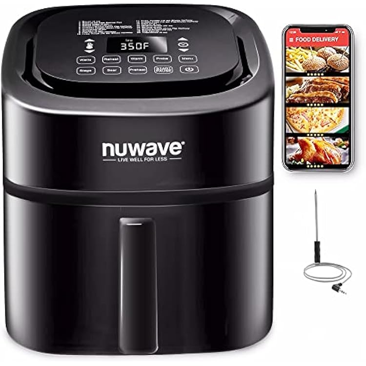 Nuwave Brio 8-Qt Air Fryer، Powerful 1800W، Easy-Read Cool White Display، 50-400F Temp Controls، 100 Pre-Programmed Preset & 50 Memory Slots، Smart Thermometer، Linear T Technology