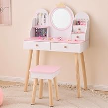 Karl home Kids Princess Vanity Table and Chair Set, 2 in 1 Toddler Makeup Vanity with Jewelry Storage & Drawers, Pretend Play Dressing Table Set for Little Girls, White