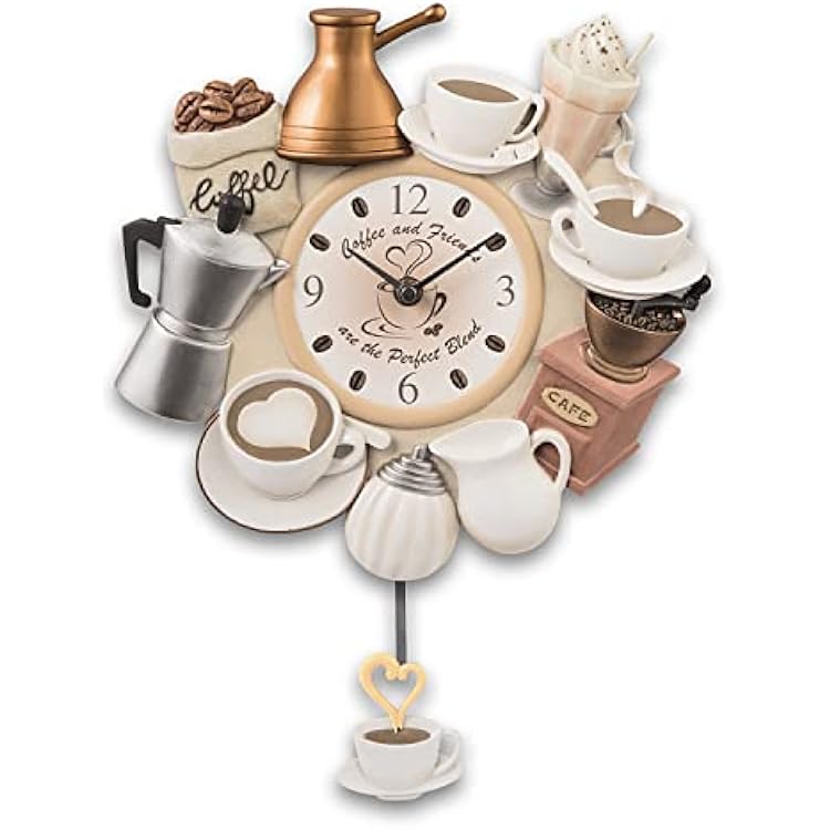 ساعة حائط مزخرفة من Bradford Exchange Coffee and Friends Perfect Blend، مقاس 14.25 بوصة، علامات ساعة حبوب القهوة، كوب بندول