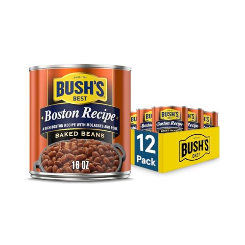 BUSHS BEST 16 oz Canned Boston Recipe Baked Beans, Canned Baked Beans, Source of Plant Based Protein and Fiber, Low Fat, Gluten Free, Pack of 12