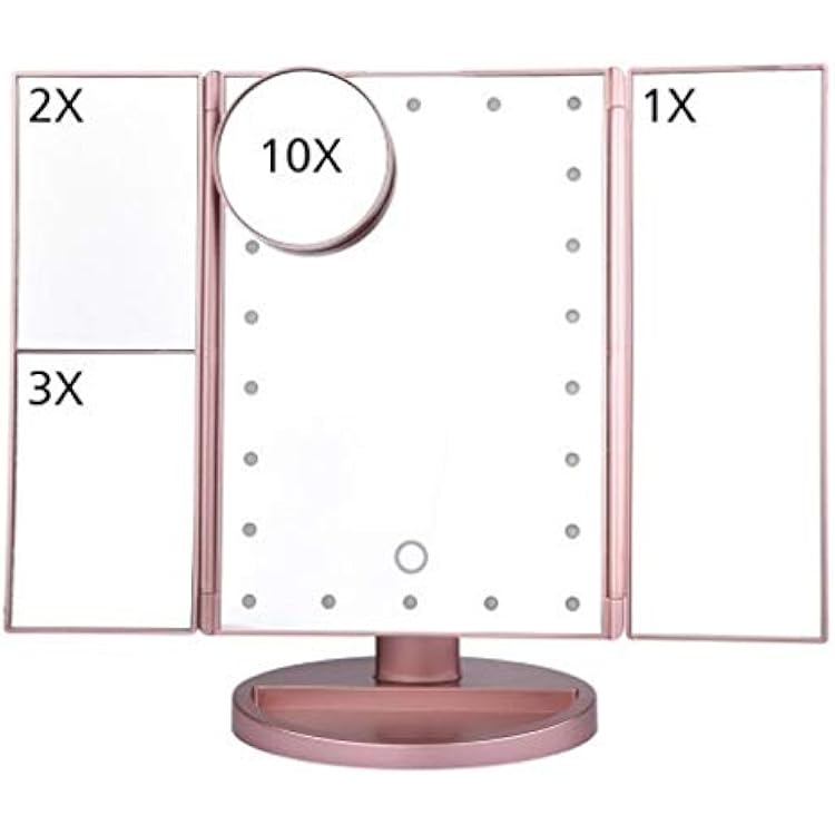 Makeup Vanity Mirror with 21 LED Trifold Lighted Makeup Mirror with 1X2X3X10X Magnification and Touch Screen 180 Degree Rotation Dual Power Supply Light Up Mirror Rose Gold