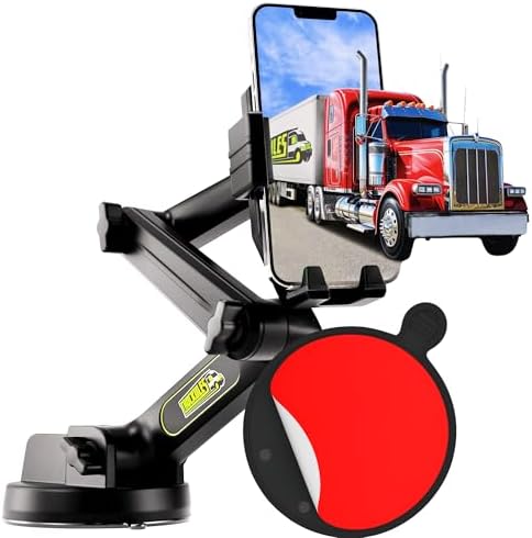 Cell Phone Mount for Truck Phone Holder for Truck Drivers - Heavy Duty Suction Cup  Dashboard Pad, iPhone Holder for Dashboard Window 16.9 inch Long, for iPhone & Samsung, Big Rig Trucker, Black