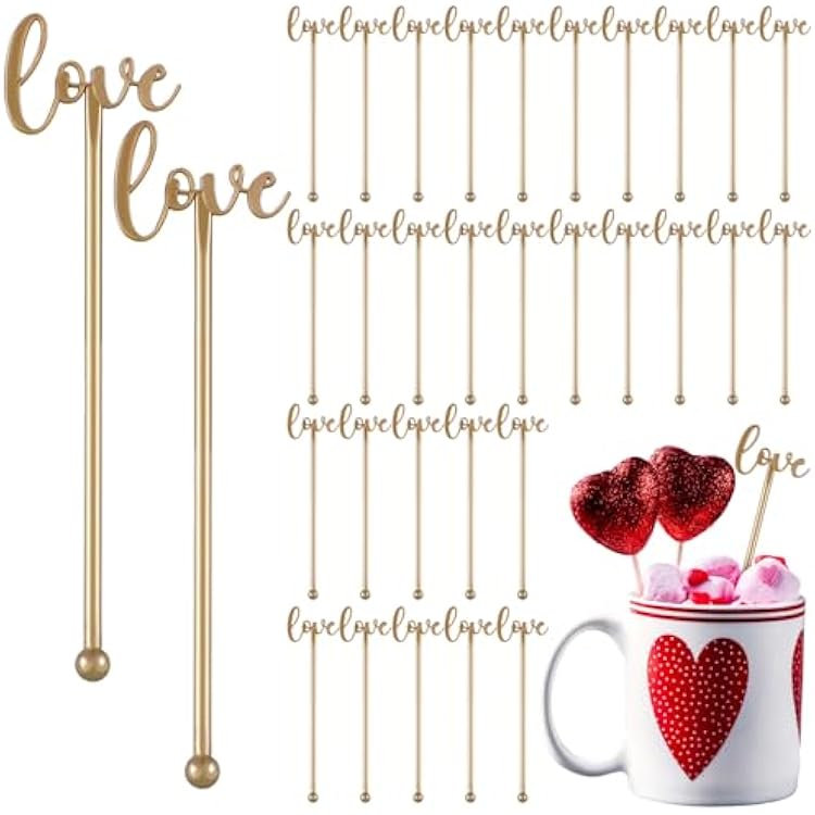 30 Pcs Valentines Day Love-shaped Drink Stirrers 6 Love Coffee and Cocktail Stirrers Reusable Plastic Wedding Drink Swizzle Sticks for Valentines Wedding Party SupplyGold