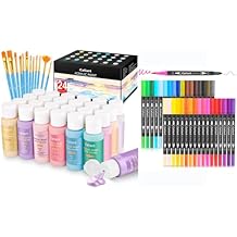 Caliart 24 Colors Pastel Acrylic Paint Set with 12 Brushes, 34 Double Tip Brush Pens Art Markers, Canvas Ceramic Rock Craft Painting Kit Art Supplies Gift for Artists Kids Beginners