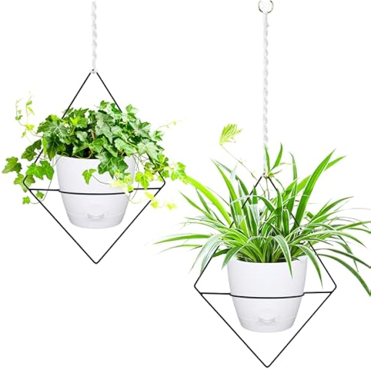 Koalaime Hanging Planters for Indoor Plants, 2 Set Self Watering Hanging Flower Pots, Modern Hanging Plant Baskets with Metal Plant Holder & 6.5 Inch Plastic Pots for Garden Home Decor White