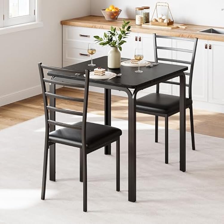 IDEALHOUSE 3-Piece Kitchen Dining Room Table Chair Set for Small Space, Indoor Modern Dinette Set for 2, Square Dinner Table Set for Dinette, Breakfast Dark