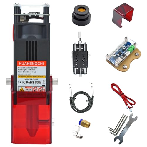 HUAHENGCHI Laser Engraver Module Kit, 12000mW12W Optical Power Laser Cutter Module wAir Assist, Laser Head wLifting Bracket, Compatible with CNC Laser Engraving Cutting Machines, Class 4, 12V