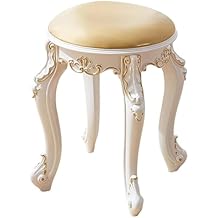 Vintage Upholstered Vanity Stool, Round Rectangular Vanity Chair with Carved Legs, Accent Makeup Stool Ottomans Bench Dressing Seat for Bedrooms(Round, Gold Leather)