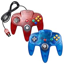 KIWITATA 2 Pack Classic Wired N64 Controller, Retro N64 Remote Joystick Replacement Controller for N64 System Video Games Console Clear Red & Blue