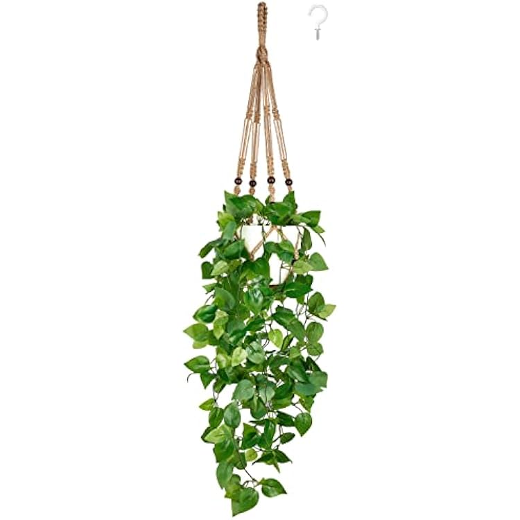 Mkono Fake Hanging Plant with Pot, Artificial Plants for Home Spring Decor Indoor Macrame Plant Hanger with Faux Vine Hanging Planter Greenery for Bedroom Bathroom Kitchen Office, Brown Pothos