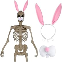 Mepase 2 Pcs 12 ft Groundbreaker Skeleton Accessories Giant Sized Skeleton Costume Set Easter Bunny Nose Cover with Pink Bunny Headband Set for Easter Cosplay Home Yard Garden Decor