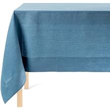 Over&Back 100%-Linen Woven Tablecloth - Colorful Dining Room Table Cover - Mitered Corner Hems - Machine Washable - Kitchen and Home Decor - Blue - 70x108