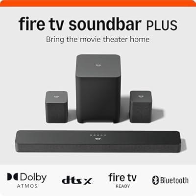 Amazon Fire TV Soundbar Plus مع مضخم صوت ومكبرات صوت محيطة (أحدث طراز) ، قناة 5.1 ، Dolby Atmos ، حوار واضح
