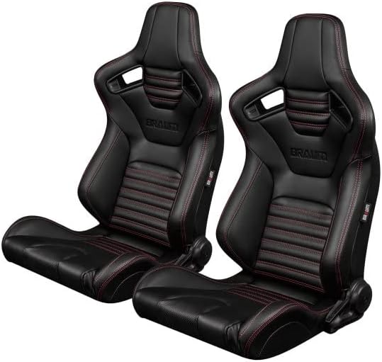 BRAUM Elite-X Series Racing Seats Black Leatherette with Red Stitching Reclining Seat Set with Carbon Fiber Backing Set of 2 (BRR1X-BKRS)