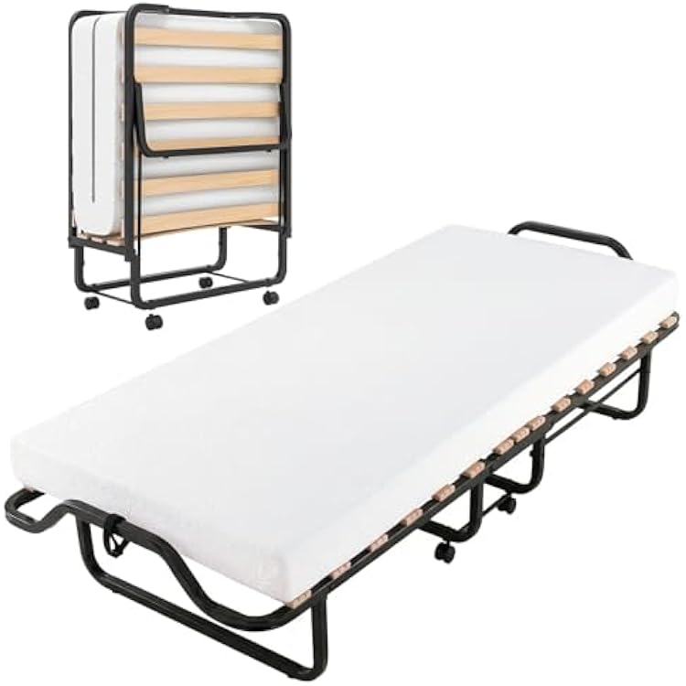 DREAMADE Folding Bed with Mattress, 78.5 x 31 Fold Up Bed w4 Memory Foam, Metal Frame & Birch Wood Slats & Lockable Wheels, Space-Saving Portable Bed for Adults Guests, Apartment Office Dorm
