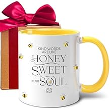 Christian Mug Gift for Bee Lovers - Kind Words are Like Honey, Inspirational Bible Verse Mug Proverbs, Yellow Bee Themed Gifts for Woman, Birthday, Christmas, 11 oz -287