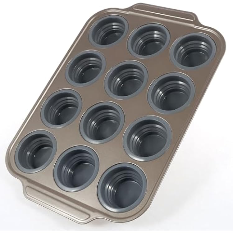 Mini Muffin Pan 12 Cavity Silicone Cupcake Pan with Metal Frame Non Stick Foldable Temperature Resistant Egg Bites Pans With Double Handle for Ovengrey,1