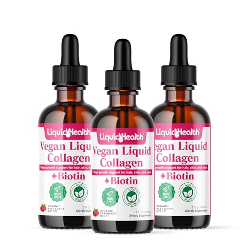 LIQUIDHEALTH 100% Vegan Collagen Plus Biotin 100,000mcg Liquid Drops - كولاجين سائل نباتي للنساء والرجال - نمو الشعر والأظافر، صحة الجلد، يعزز التمثيل الغذائي - صنع في الولايات المتحدة الأمريكية، عبوة من 3 قطع خالية من الكائنات المعدلة وراثيًا