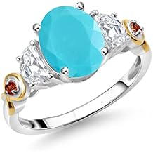 Gem Stone King 925 Silver and 10K Yellow Gold 3-Stone Ring Oval Green Turquoise and Moissanite (2.03 Cttw)