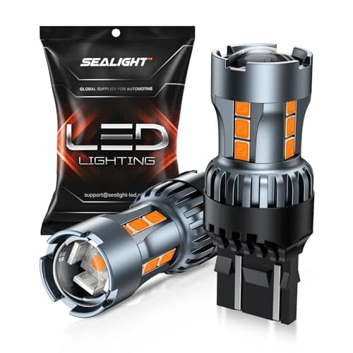 مصباح LED SEALIGHT 7443 7440 مصابيح إشارة الانعطاف باللون الكهرماني، T20 7441 7444 992 W21W مصباح LED مع عدسة جهاز عرض ويحتاج إلى مقاومة حمل إضافية، يتضمن فك تشفير إضافي، عبوة من قطعتين