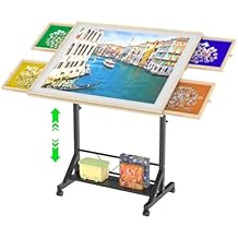 Wooden 1500 Piece Puzzle Table with Drawer, 35"x27" Adjustable Height Puzzle Table with 4 Drawers and Cover, 360 Tilting Portable Puzzle Table with Legs and 4 Wheels for Adults and Children